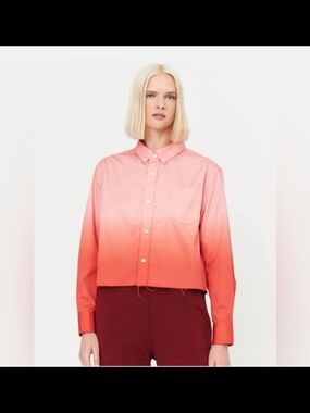 Raquel Allegra Designer Ombre Cropped Button-Up Shirt in Pink to Red Luxury Sz M